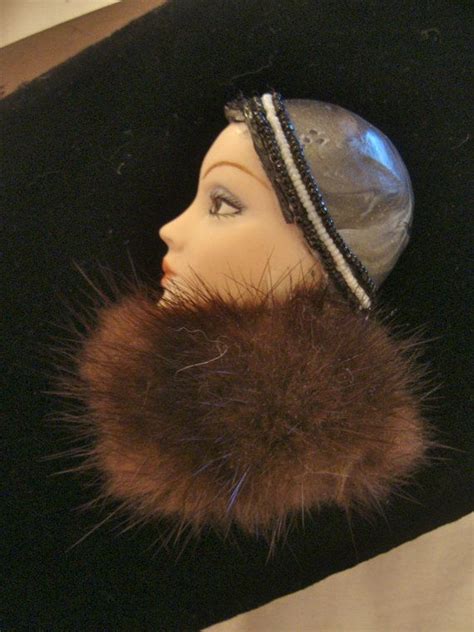 Vintage Lady Head Face Brooch Pin With Real Fur Face Brooch Art Deco