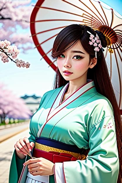 Premium Ai Image A Girl In A Kimono With Cherry Blossoms