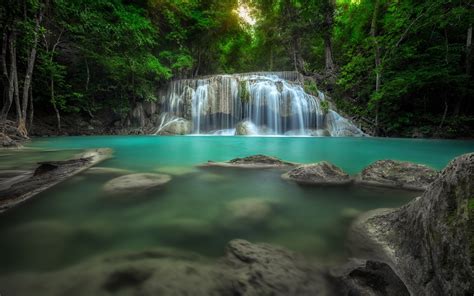 Nature Landscape Waterfall Forest Thailand Trees Pond Green Turquoise Tropical