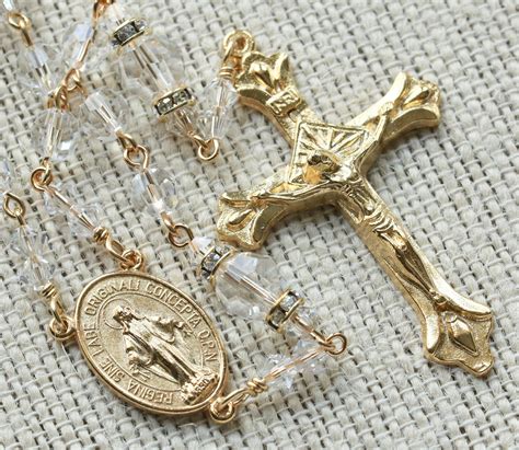 catholic swarovski clear crystal rosary beads in gold