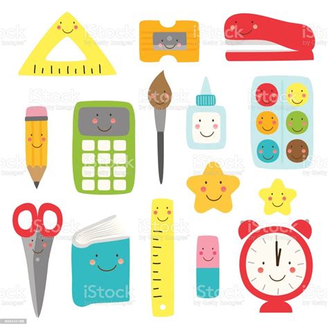Cute Childish Back To School Supplies As Smiling Cartoon Characters