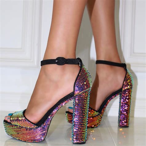 qupid sexy black open toe platform chunky high heels sequin shoes post