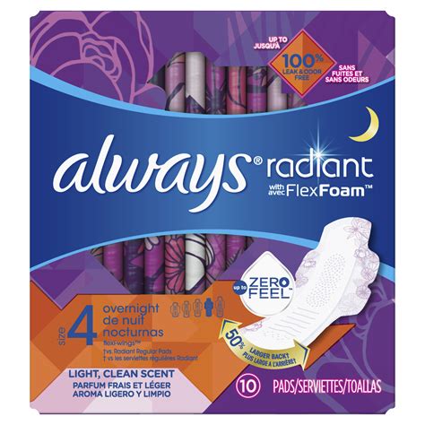 Always Radiant Overnight Sanitary Pads With Wings Scented Size 4 10