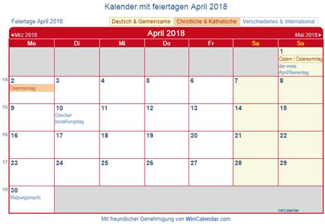 Includes 2018 observances, fun facts & religious holidays: Deutschland Kalender zum Drucken - April 2018