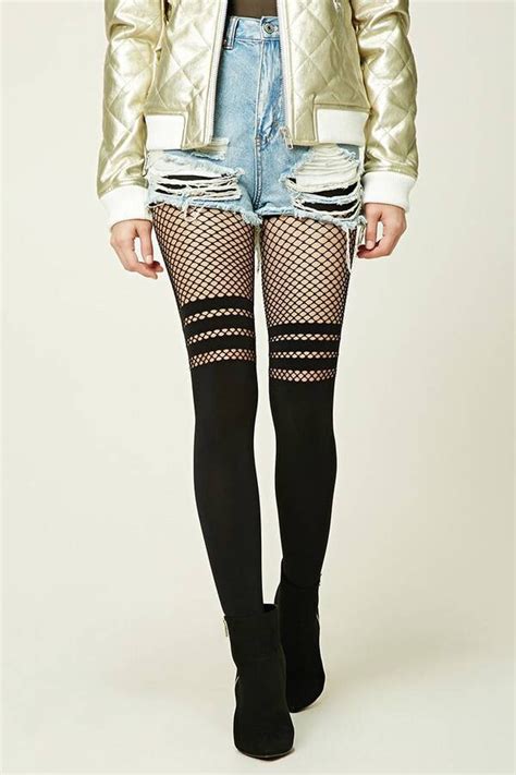 FOREVER 21 Striped Fishnet Paneled Tights Fashion Tights
