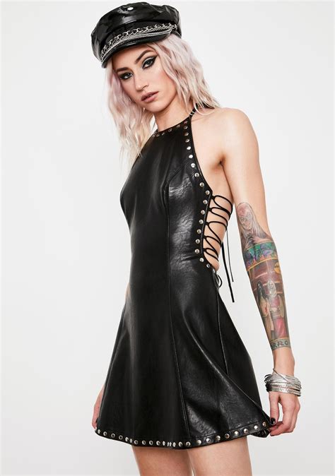 Current Mood Rock Studded Mini Dress Faux Leather Black Dolls Kill