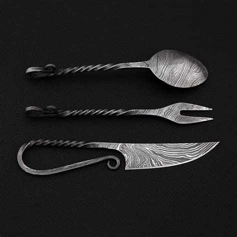 Damascus Medieval Cutlery 3 Piece Set 9072 Black Forge Knives