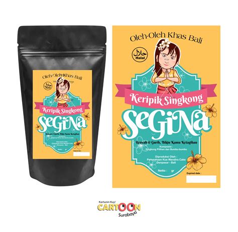 Tersedia model stiker, bulat, kotak, dan oval yang dapat disesuaikan dengan keinginan. Contoh Hasil Desain Label Produk Snack SEGINA Keripik Oleh-Oleh Khas Bali - Cartoon Surabaya