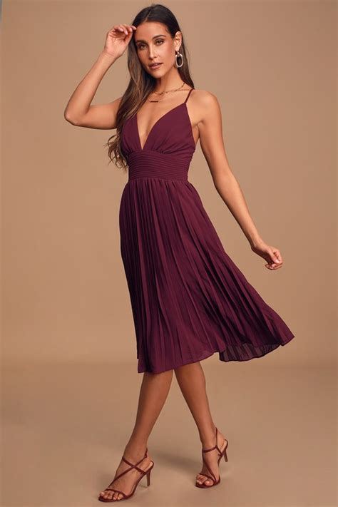 Stunning Burgundy Dress Pleated Dress Pleated Midi Dress Lulus