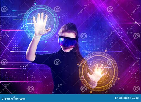 Beautiful Woman In Virtual Reality Glasses On A Futuristic Background