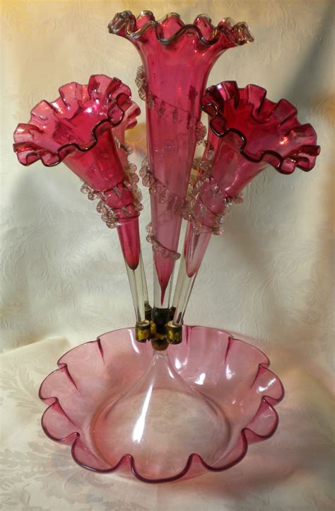 Victorian Cranberry Glass Epergne Vintage Art Glass Cranberry Glass Colored Glass Vases