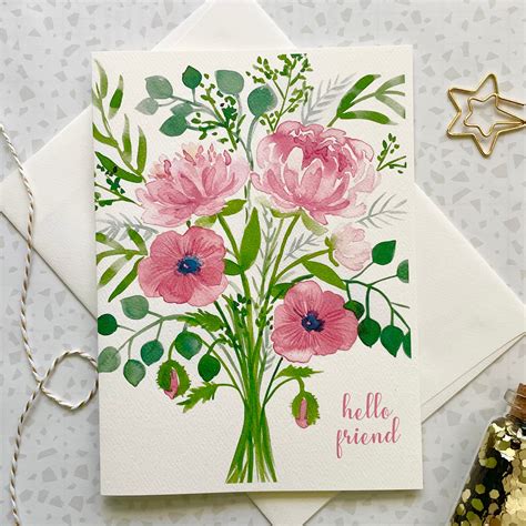 Floral Card Watercolor Flowers Flower Bouquet Card Birthday Etsy