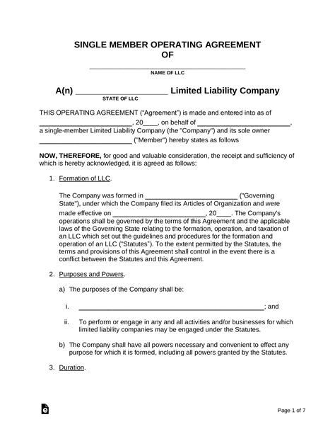 Printable Single Member Llc Operating Agreement Template Free Free