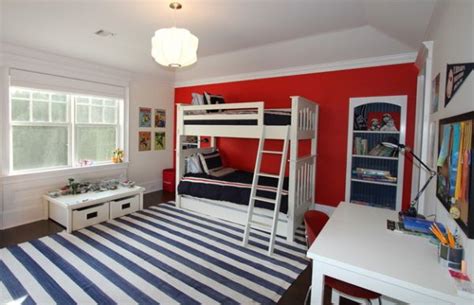 These boys bedroom ideas to enrich your toddler's room reference. Boys' bedroom in white, red and blue with bunk beds and ...