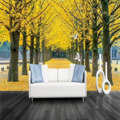 Golden Trees Roads Murals 3d Nature Wallpapers Custom Photo Wallpapers