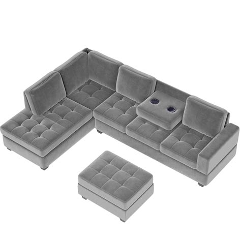 L Shaped Couch Set With Storage Ottoman And Two Cup Holders Modern