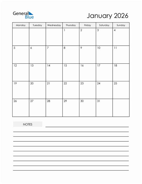 January 2026 Monthly Planner Calendar