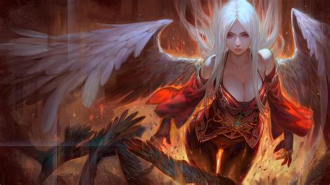 Girl Angel White Hair Angel Wings And Red Eyes Fire Art