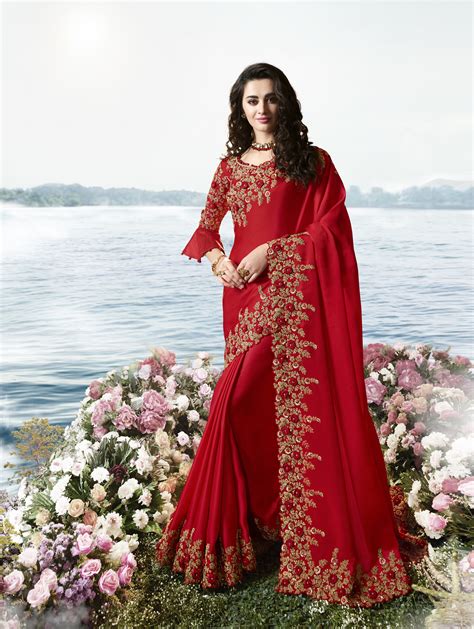 Candy Red Satin Silk Saree Indian Couture
