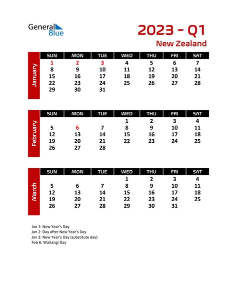 Q1 2023 Quarterly Calendar With New Zealand Holidays