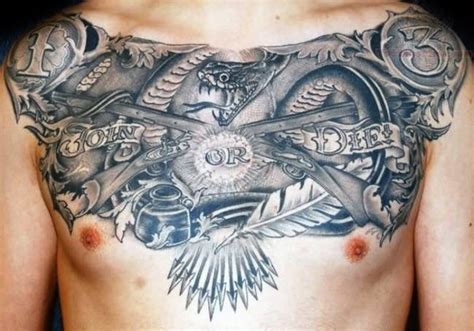 Stonework Style Detailed Chest Tattoo Of Join Or Die Lettering With