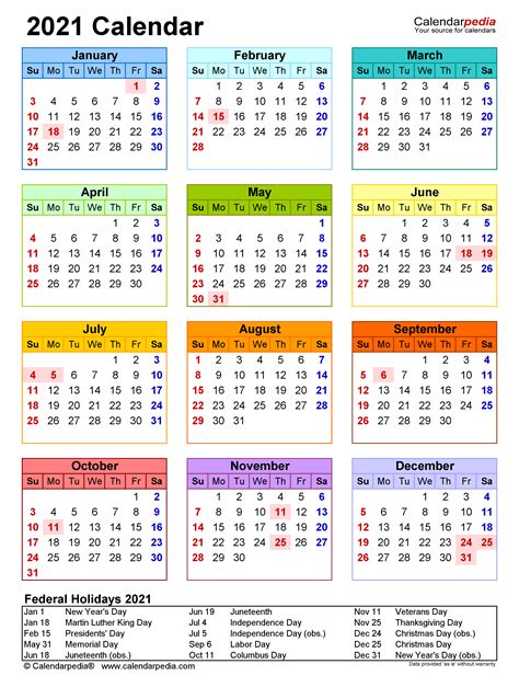 2021 Calendar Printable Excel