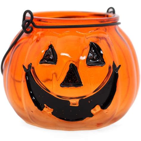 Orange Glass Pumpkin Halloween Candle Tea Light Holder Jar Halloween