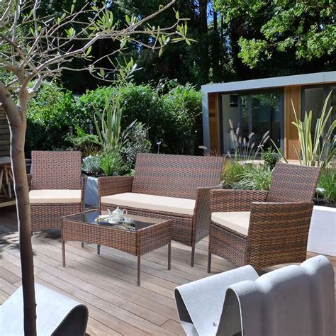 Walnew 4 PCS Outdoor Patio Furniture Brown PE Rattan Wicker Table and ...
