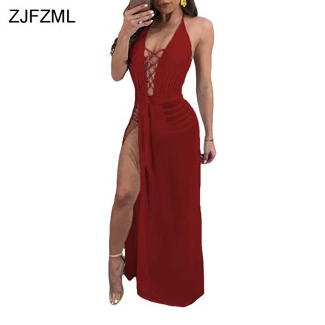 Buy Zjfzml High Side Split Sexy Maxi Dress Women Halter Lace Up Sleeveless See