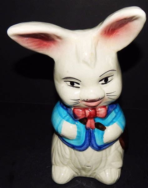 Rabbit In A Blue Jacket Ceramic Coin Bank Hand Painted