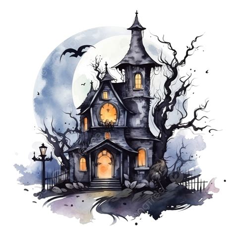 Halloween Haunted House With A Crescent Moon Happy Halloween Watercolor
