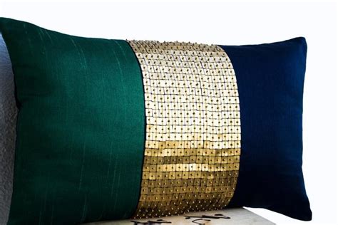 Beaded Throw Pillow Cover Emerald Green Navy Blue Gold Color Block Silk