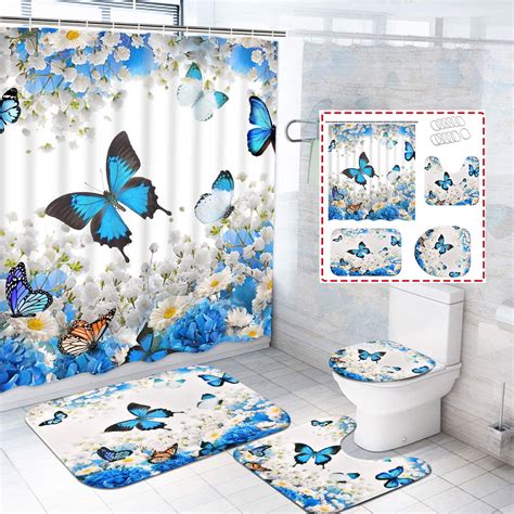 Framics Blue Butterfly Shower Curtain Set With Rugs Flower Pattern