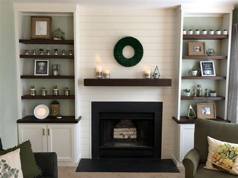 Shiplap Fireplace Wall With Built In Shelving Around Shelves And