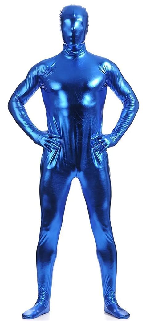 Mens Full Body Zentai Suit Metallic Spandex Catsuits Hooded Zentai