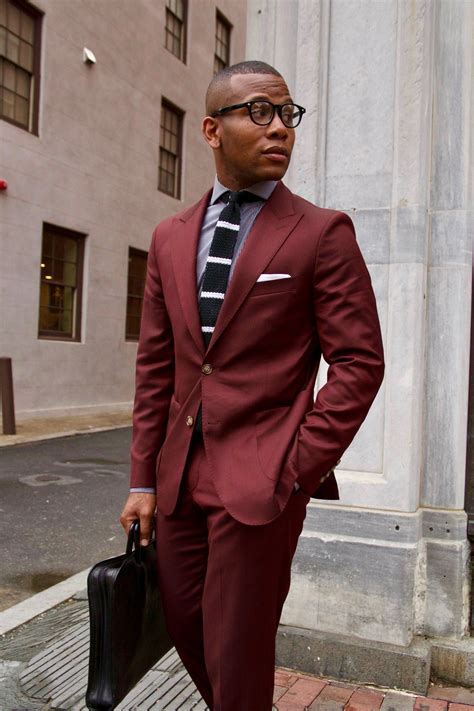 Burgundy and brown mouline suit. Burgundy suit + mini check shirt + striped knit tie ...