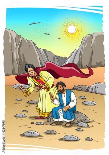 Satan Tempts Jesus Transform Stones Into Bread Stock Illustration