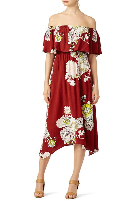 Shop dresses, tops, tees, leggings & more. Red off-the-shoulder floral midi dress. Perfect for July ...