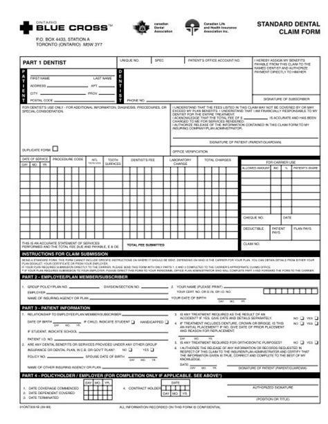 STANDARD DENTAL CLAIM FORM Ontario Blue Cross