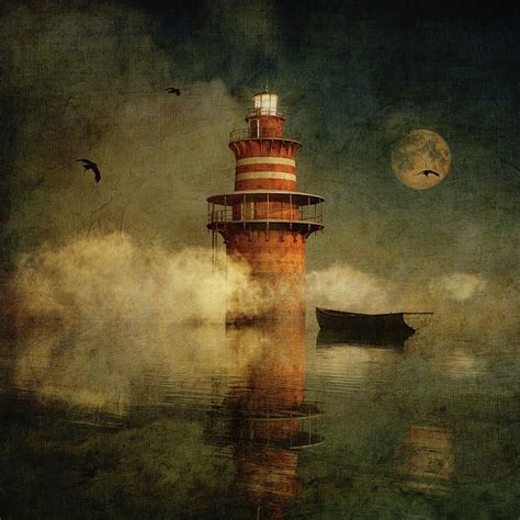 The Lonely Lighthouse In The Fog With Full Moon By Jan Keteleer