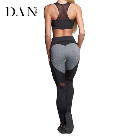 danenjoy heart fitness leggings women yoga pants hips push up elasticity patchwork stretch mesh