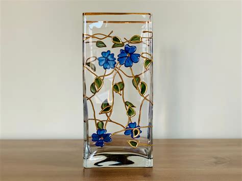 Vintage Rectangular Glass Vase Gold Trim Blue Gold Flowers Etsy