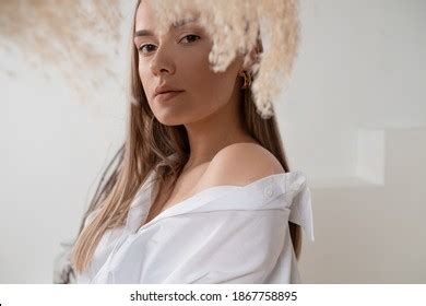Woman White Dressbrunette Fashion Model Nude Stock Photo
