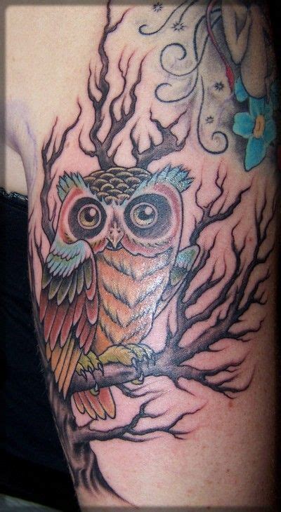 Colourful Owl On Branch Tattoo