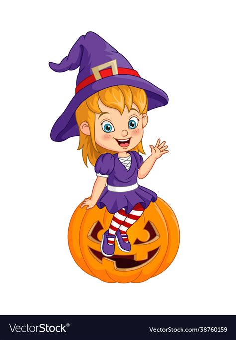 Cartoon Little Witch Sitting On Halloween Pumpkin Vector Image