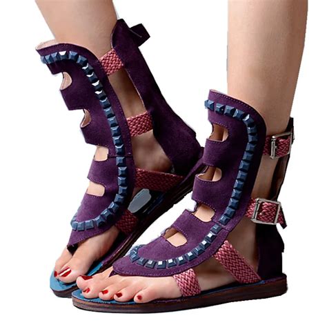 Women Gladiator Flats Sandals Purple Suede Buckle Beach Flip Flops