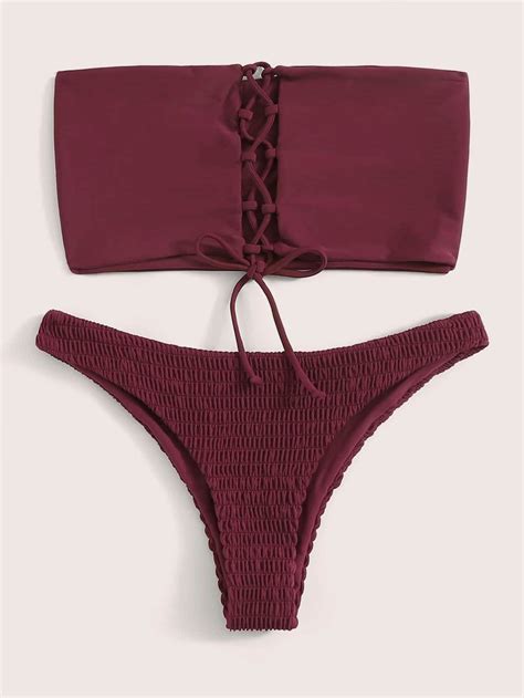 Burgundy Red Laced Up Bandeau Swimsuit With Smocked Bikini Bottom