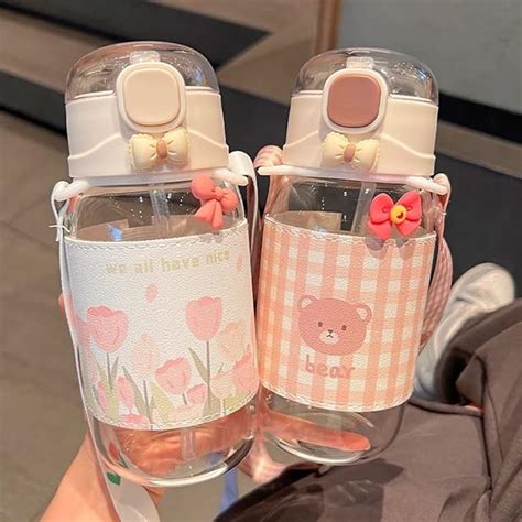 Aesthetic Water Bottle With Straw And Strap 16oz Cute Kawaii Water Bottle With 3d