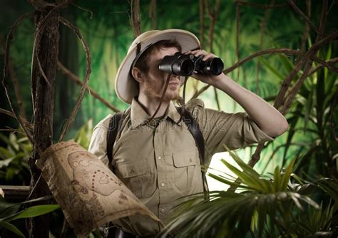 Explorer In The Jungle With Binoculars Stock Photo Image 47546059