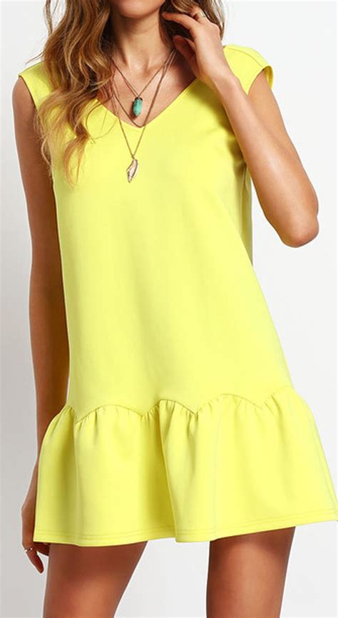 Yellow Ruffle V Neck Backless Drop Waist Dress Elegant Mini Dress Summer Style Casual